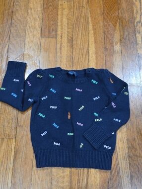 EUC Ralph Lauren Navy Knit Sweater with Pink Logo Accent